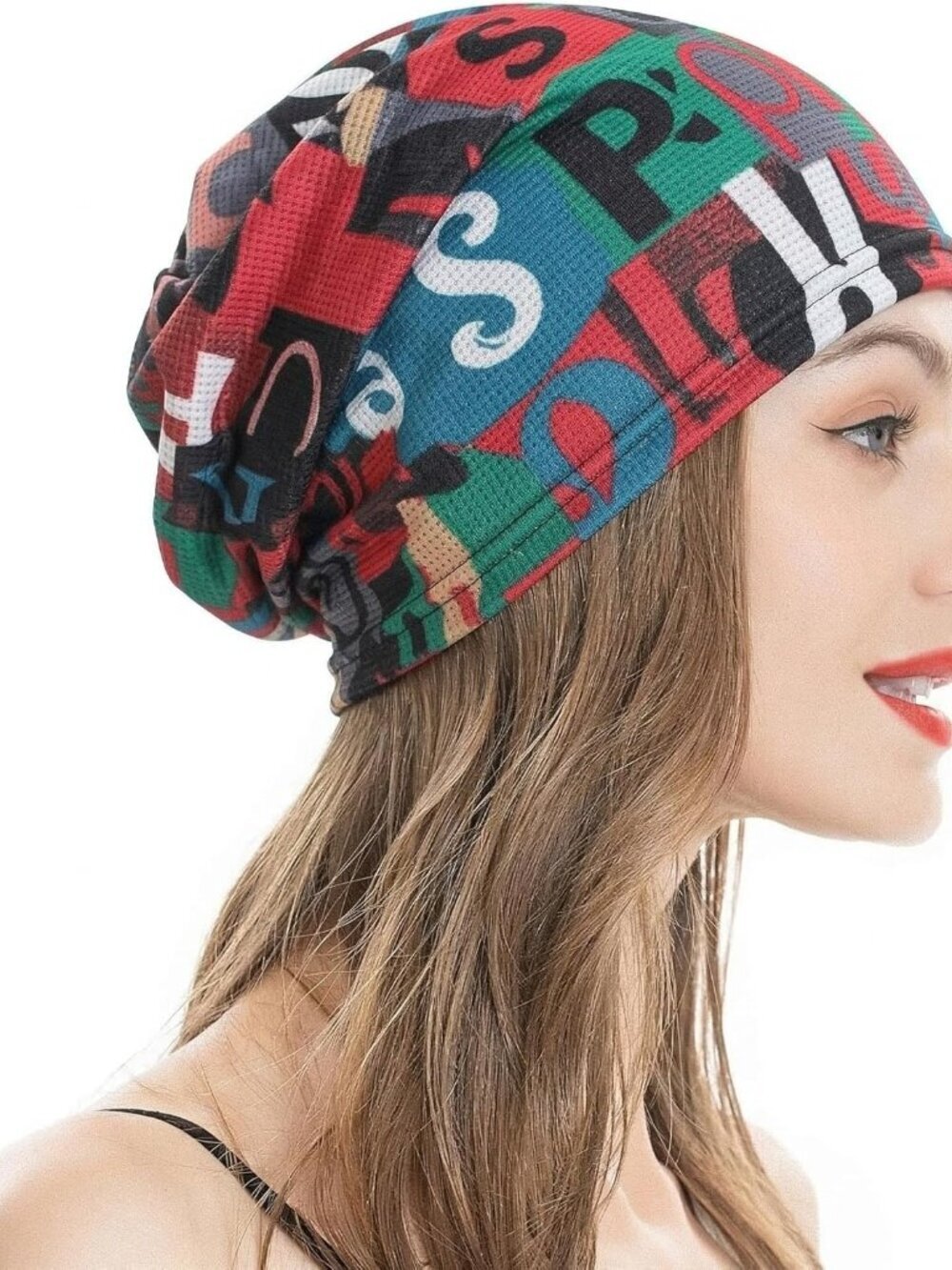 Women's Letter Red Warm Knit Winter Pull-On Classic Slouchy Stretch Skull Cap